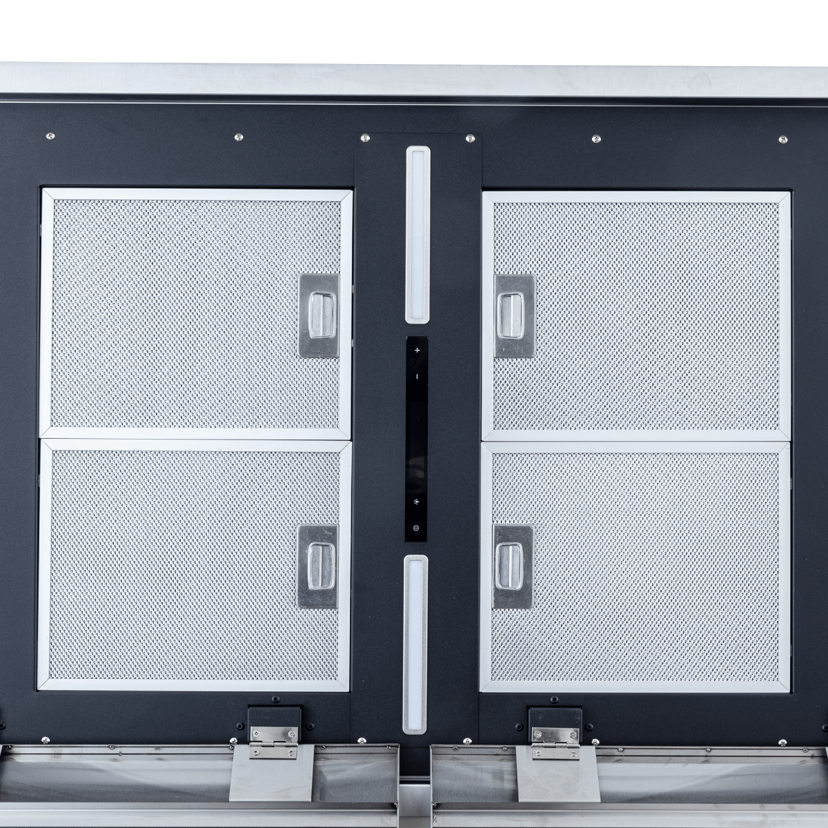 Close-up of metal cabinet with four mesh doors, two vents, Proline 42-Inch Range Hood, 1200 CFM. ProlineRangeHoods.com.