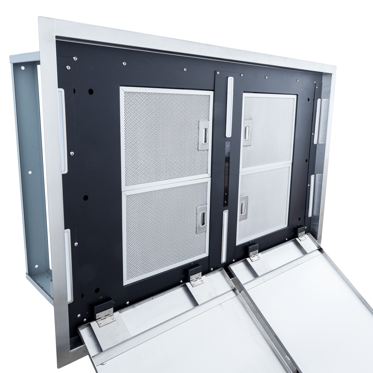 Close-up of Proline PLFI 42-Inch Ceiling Range Hood, stainless steel, mesh filters, dual motors. ProlineRangeHoods.com.