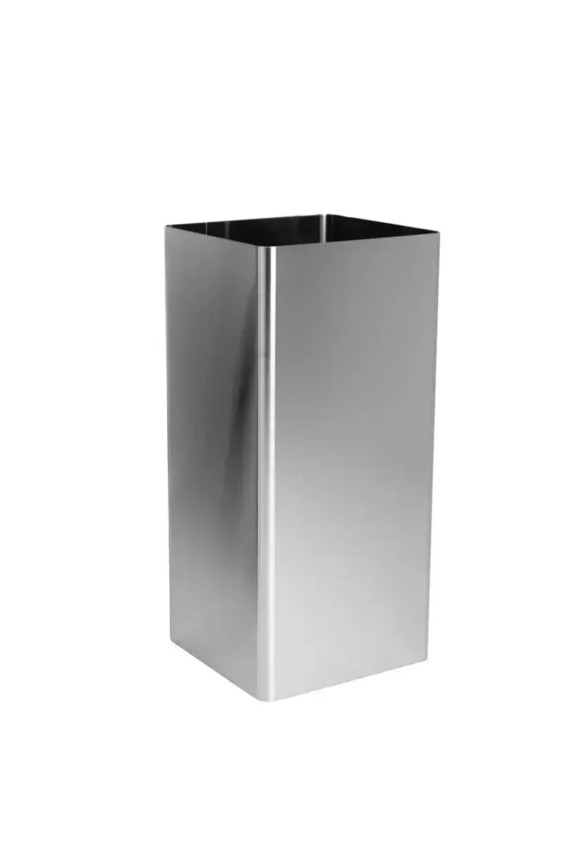 A sleek silver trash can and Proline Range Hoods 36" chimney extension create a modern kitchen. ProlineRangeHoods.com.
