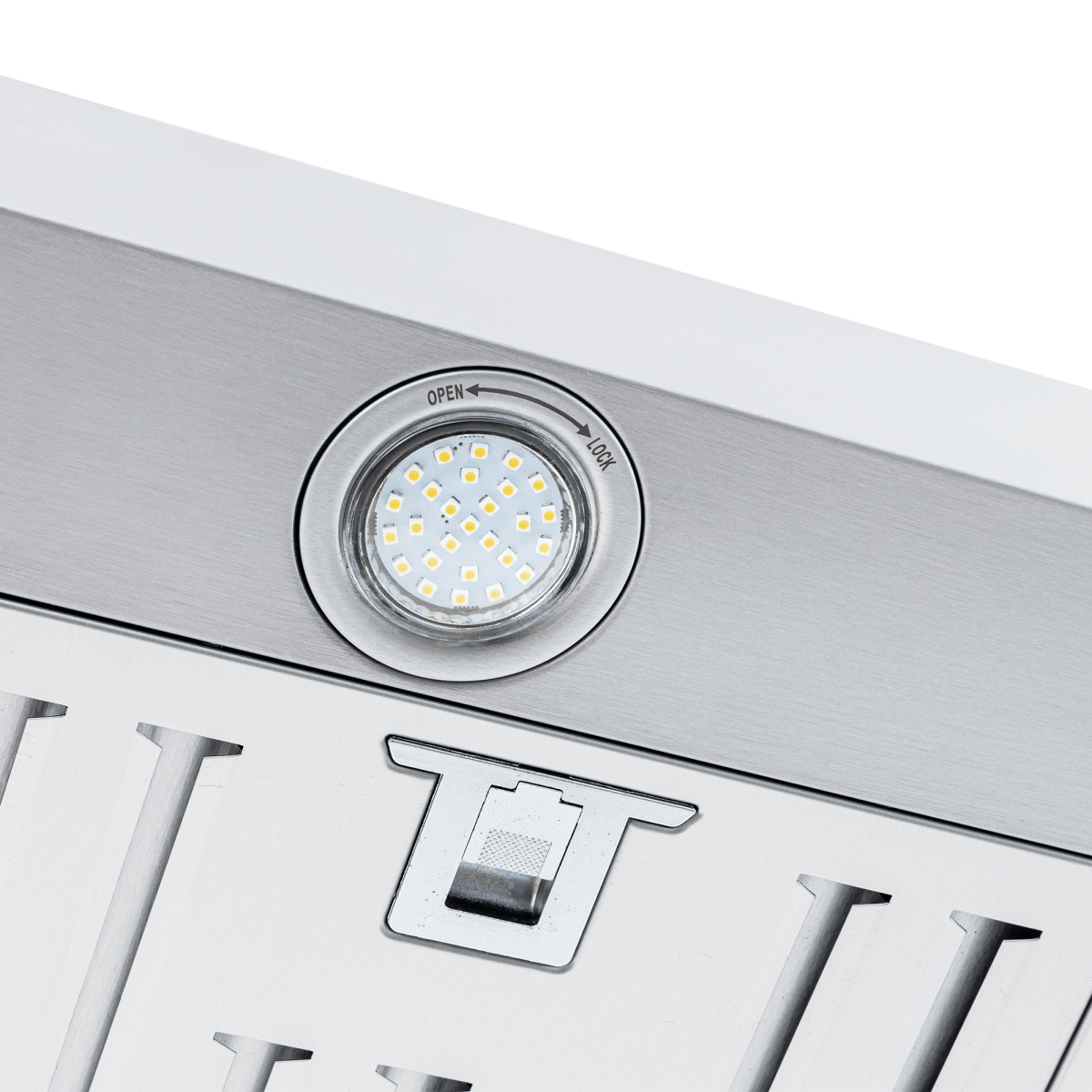 Close-up of a Proline PLFI 750 Island Range Hood, LED light, vent, 1100 CFM airflow; ProlineRangeHoods.com.