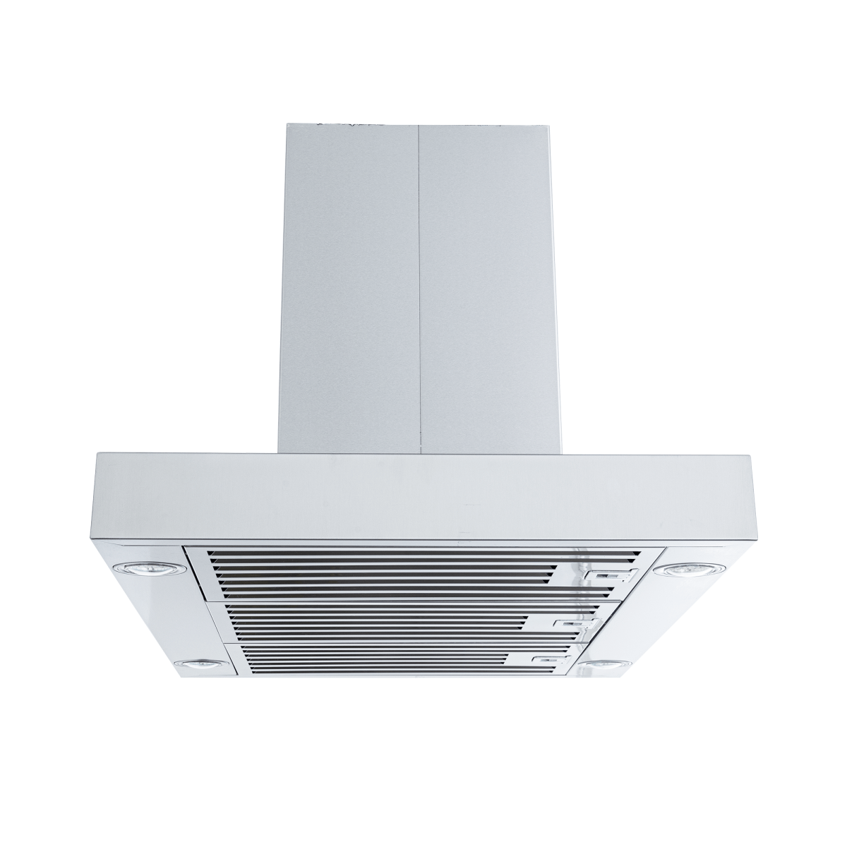 Proline PLFI 750 Island Range Hood in stainless steel with vent grilles, controls, 1100 CFM. ProlineRangeHoods.com.