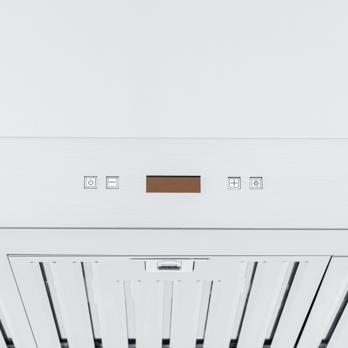 Close-up of Proline Range Hoods PLFI 750 control panel with buttons, display, and dual motors. ProlineRangeHoods.com.