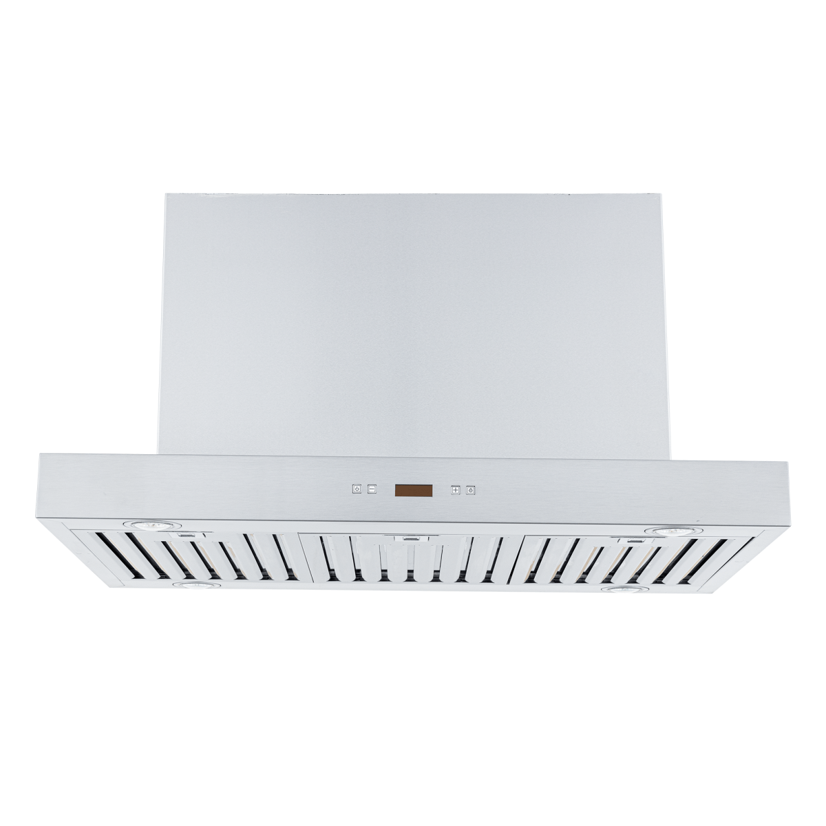 Proline PLFI 750 Island Range Hood with stainless finish, vent slats, display, dual motor—ProlineRangeHoods.com.