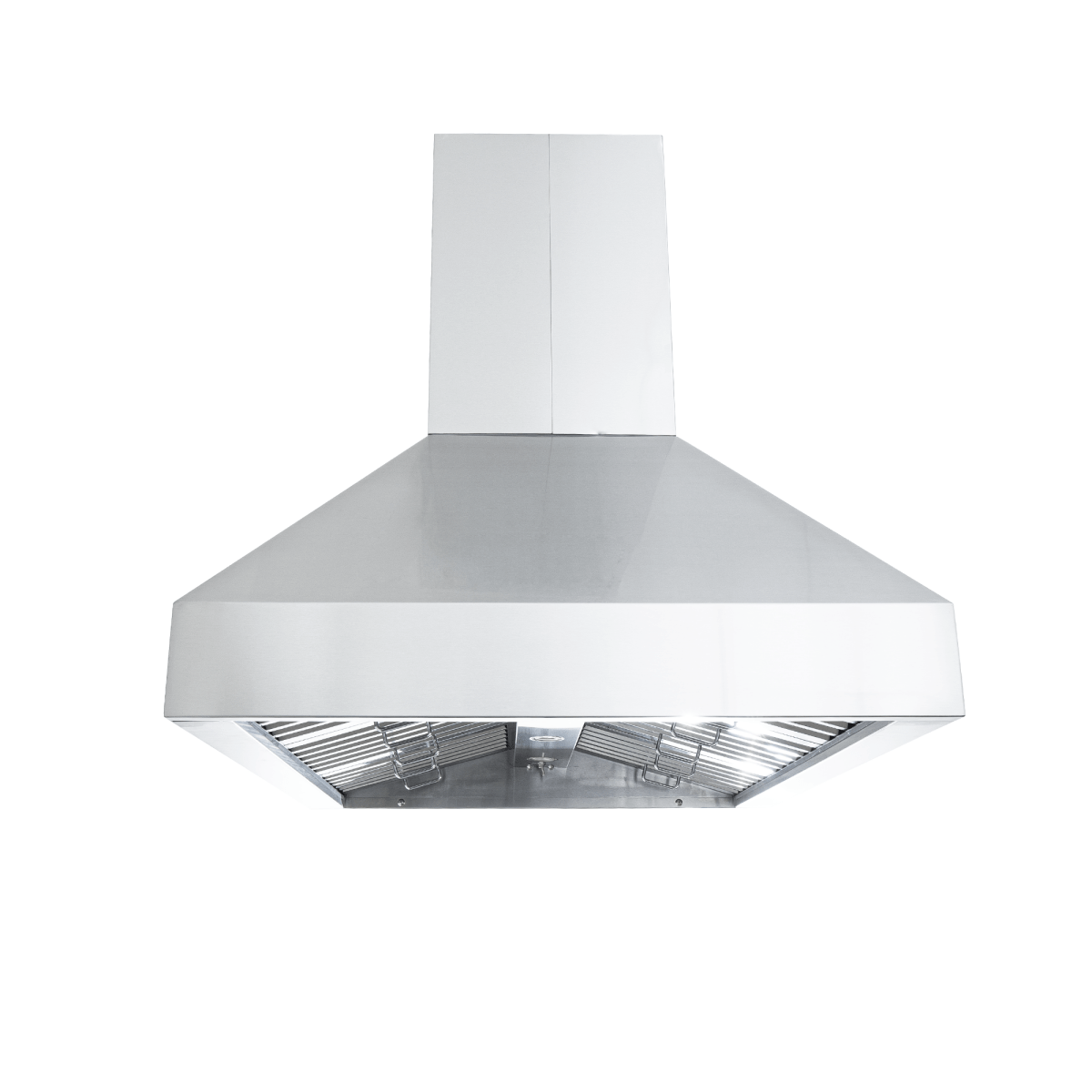 Proline PLJI 102 Island Range Hood: modern stainless steel, dual motors, 1200 CFM. ProlineRangeHoods.com.