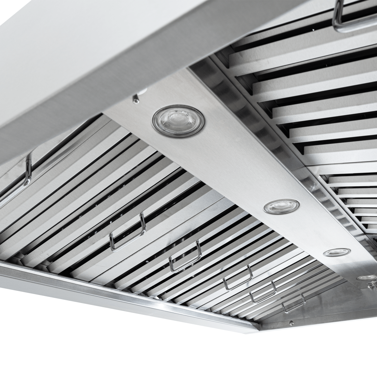 Close-up of Proline PLJI 102 Island Range Hood, 1200 CFM, stainless steel, at ProlineRangeHoods.com.