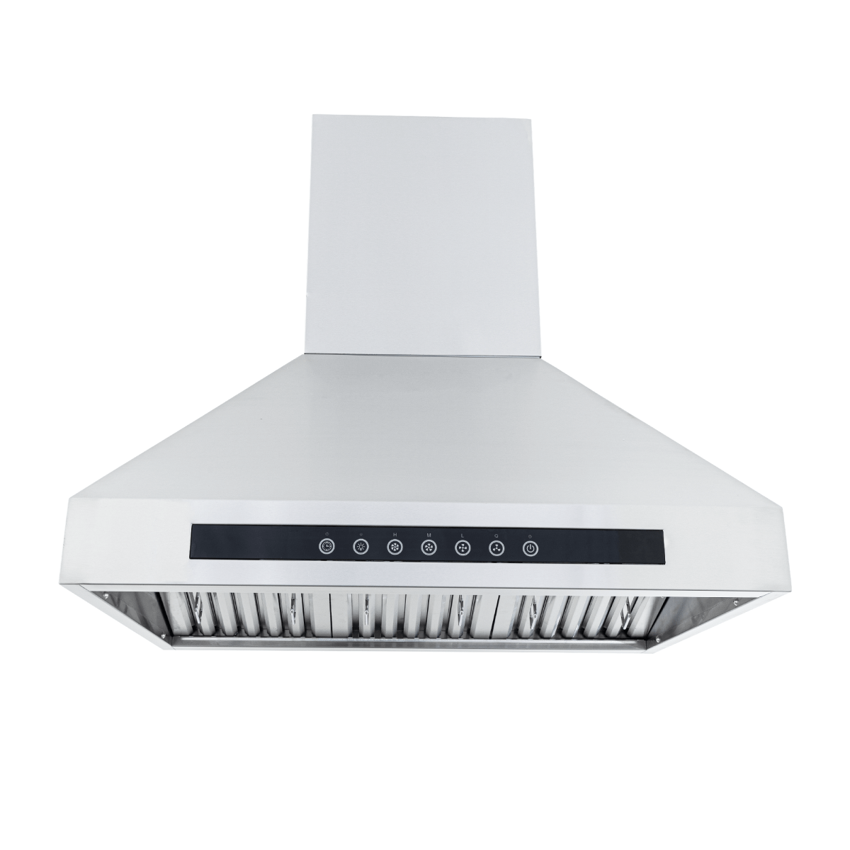 The Proline Range Hoods PLJI 102 Island Range Hood with 1200 CFM motor, shown front view. ProlineRangeHoods.com.