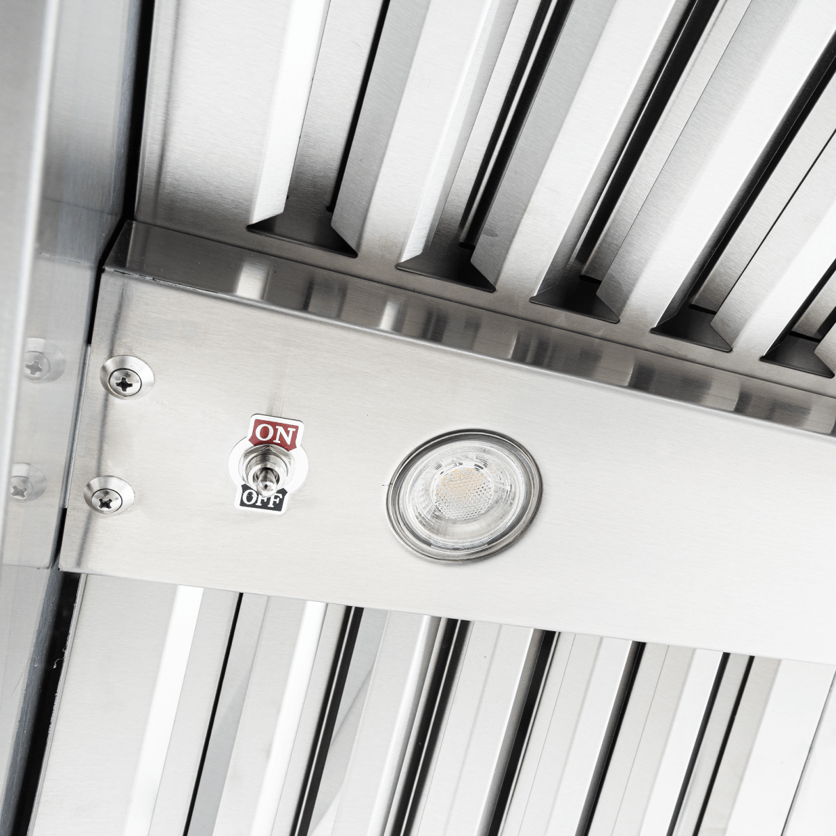 Proline PLJI 102 Island Range Hood in stainless steel, round light, on/off switch, 1200 CFM. ProlineRangeHoods.com.