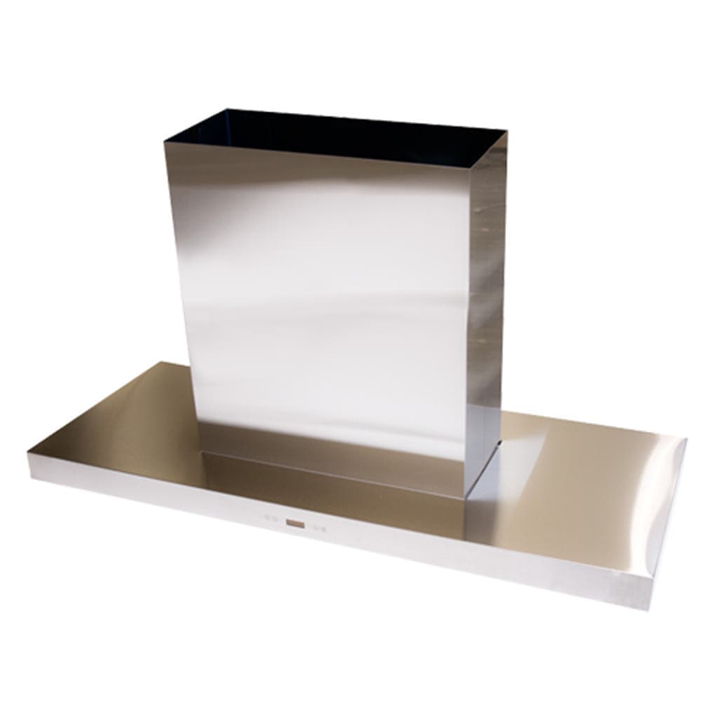 ProlineRangeHoods.com PLFI 750 Island Range Hood: stainless steel, dual motor, 1100 CFM, wide base, rectangular chimney.