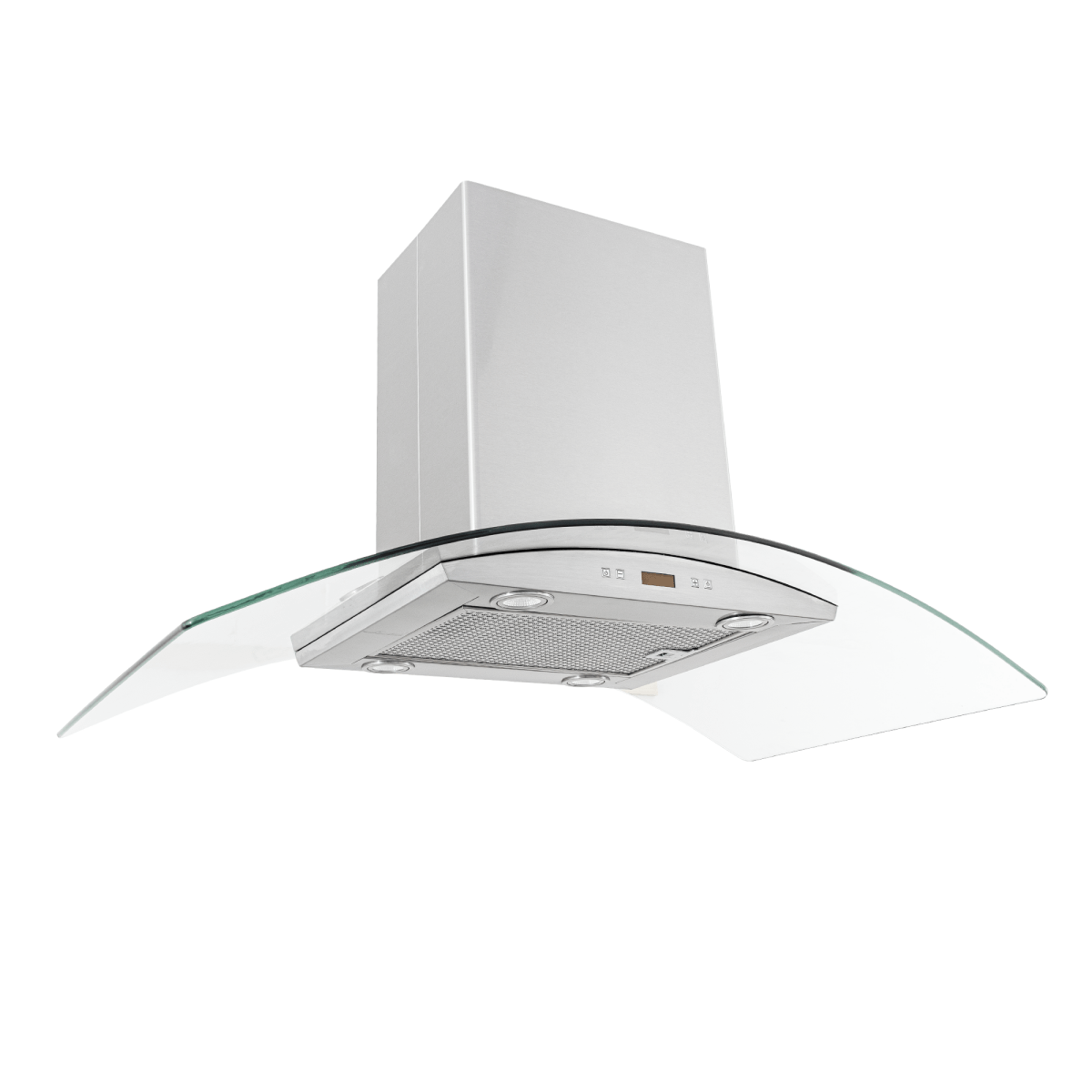 Proline PLFI 544 Island Range Hood, 600 CFM, stainless steel, glass canopy. ProlineRangeHoods.com on white background.