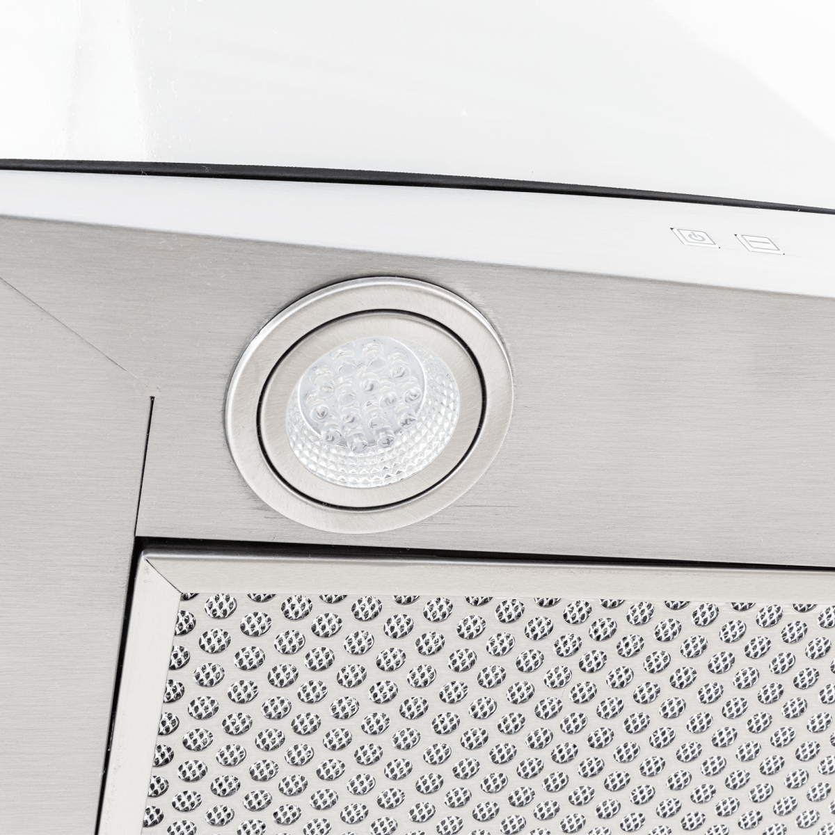 Close-up of Proline PLFI 544 Ducted Island Range Hood, stainless finish, LED light, mesh filter. ProlineRangeHoods.com.