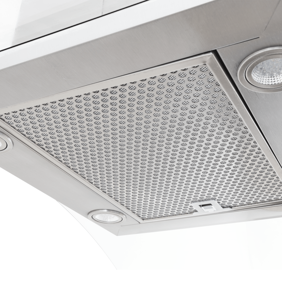 Close-up of Proline PLFI 544 island hood in stainless steel, 600 CFM, mesh filter, lights. ProlineRangeHoods.com.