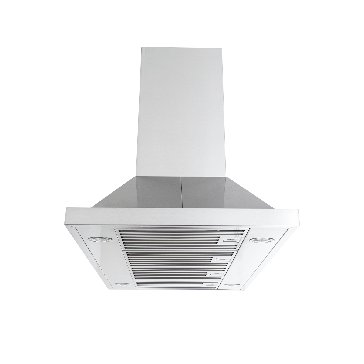 Proline PLFI 520 stainless range hood with 600/1100 CFM and lights, shown from below. ProlineRangeHoods.com.