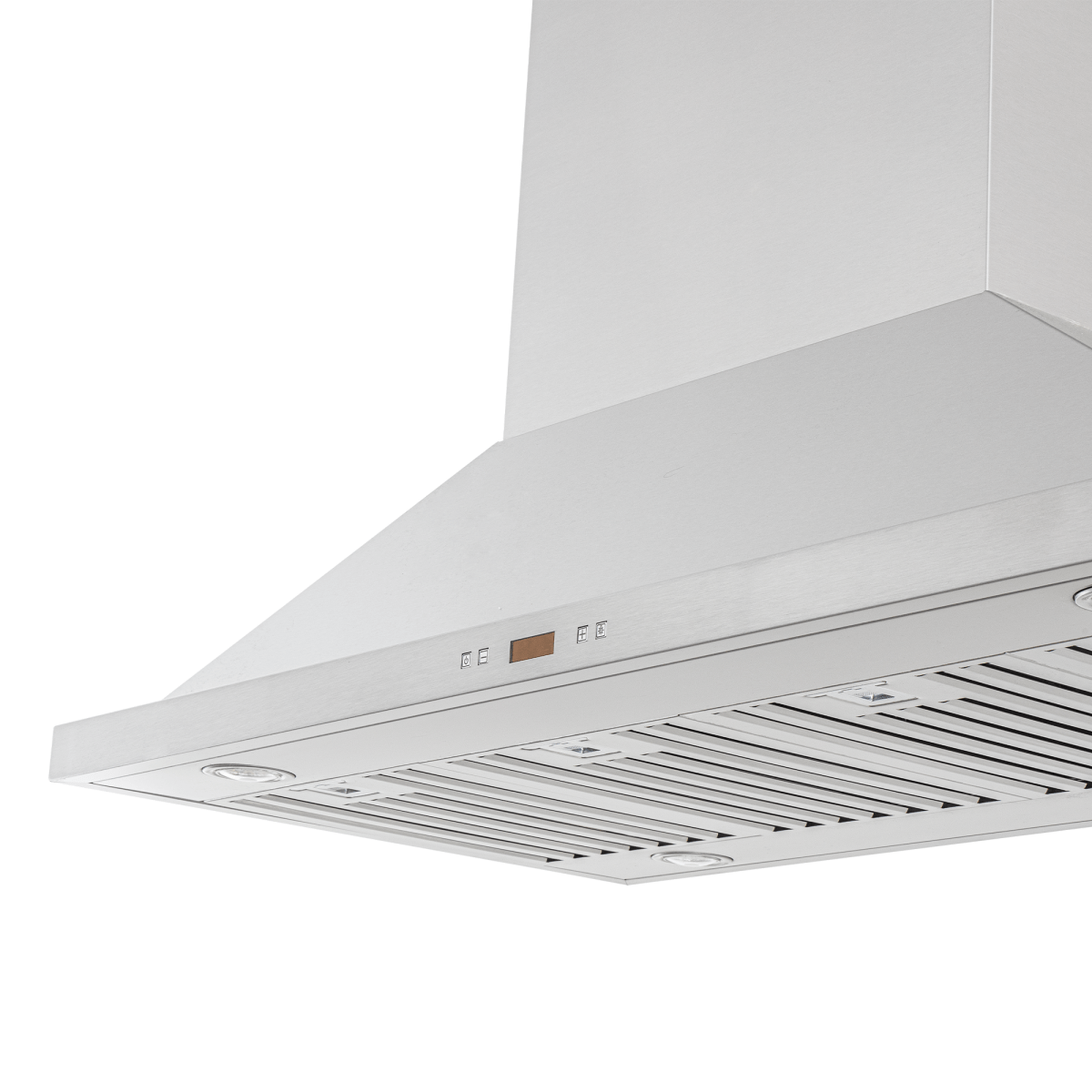 PLFI 520 Island Range Hood with vent slats, controls, stainless steel; shown from below. ProlineRangeHoods.com.
