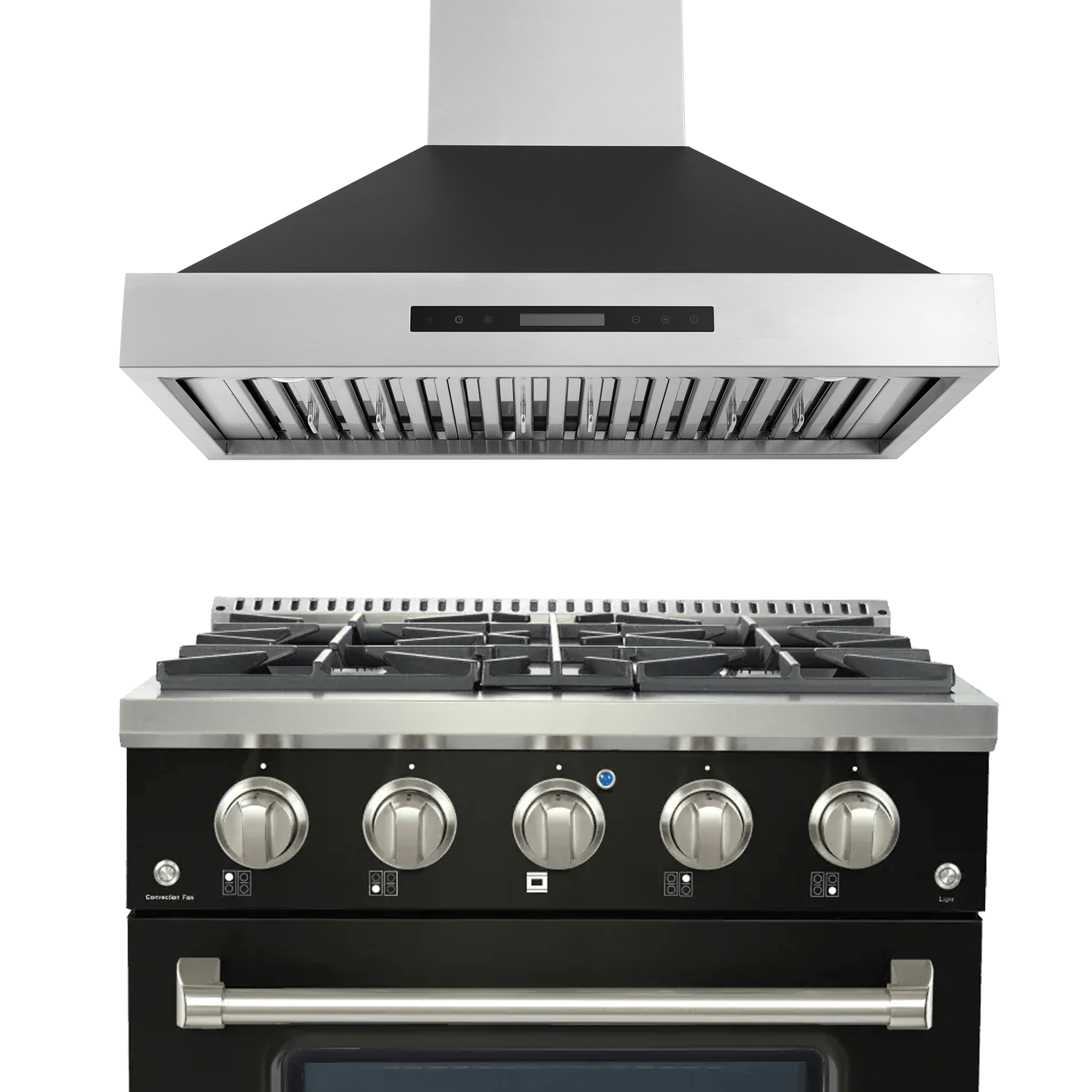 Proline PLSR 30" All-Gas Range & 30" PLSW Hood in matte black from ProlineRangeHoods.com—save 10% as a bundle.