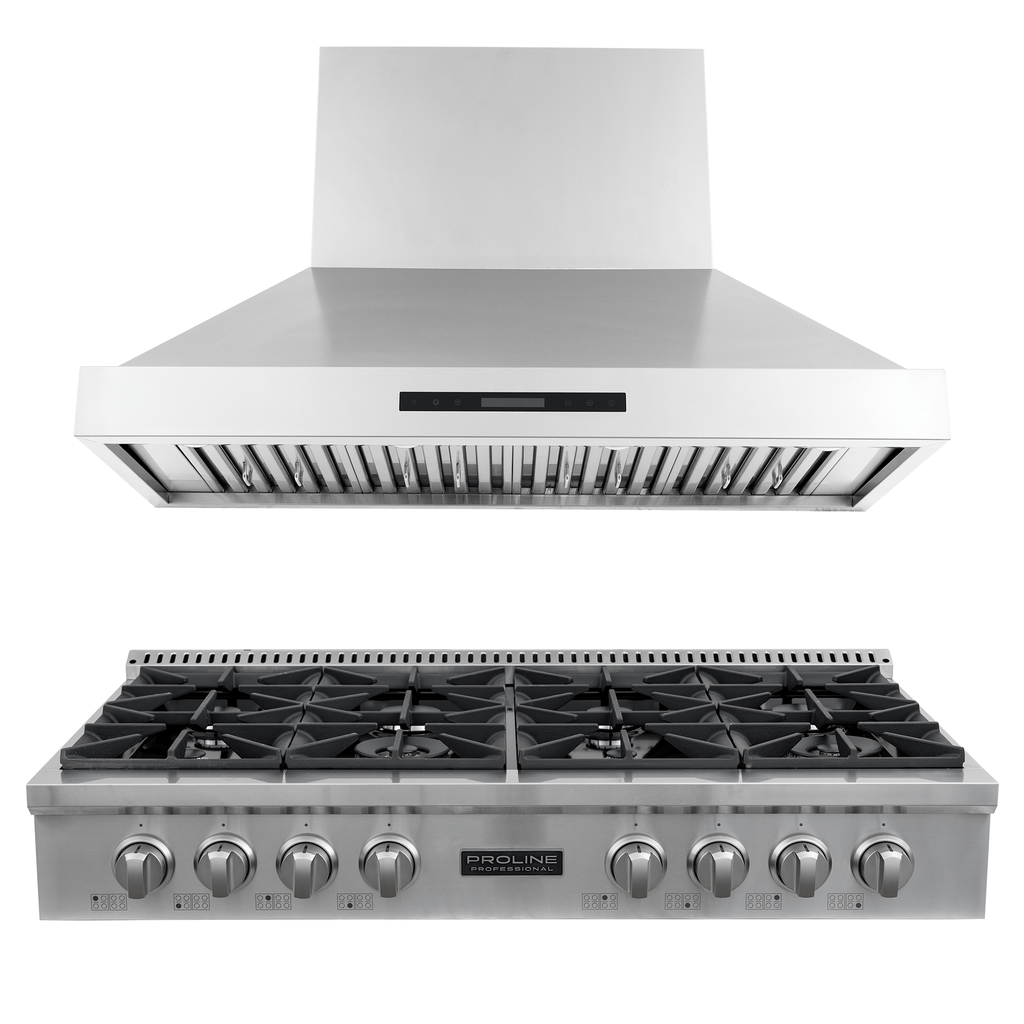 Save 10% on the Proline PLST 48" Gas Range & PLSW King Air Hood Bundle at ProlineRangeHoods.com—six burners, stainless steel.