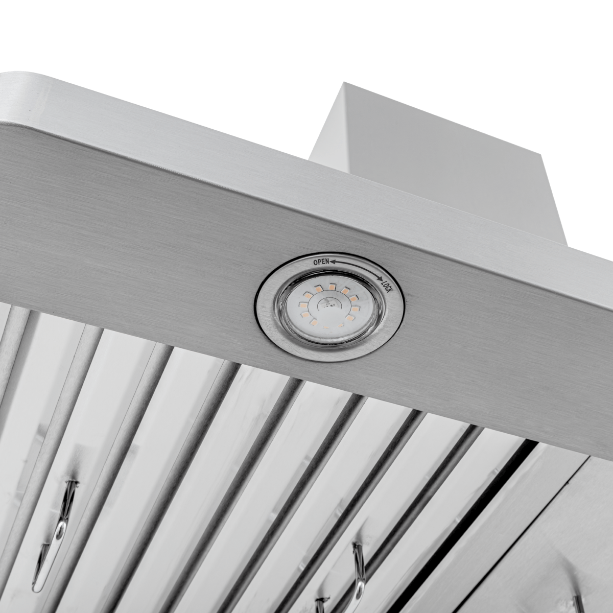 Close-up of Proline PLFW 129 J wall-mounted range hood, stainless steel, 900 CFM, at ProlineRangeHoods.com.
