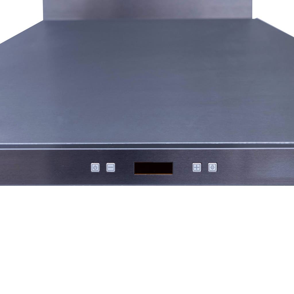 A stylish Proline PLFW 520 Wall Mounted Range Hood from ProlineRangeHoods.com in black, ideal for modern kitchen ventilation.