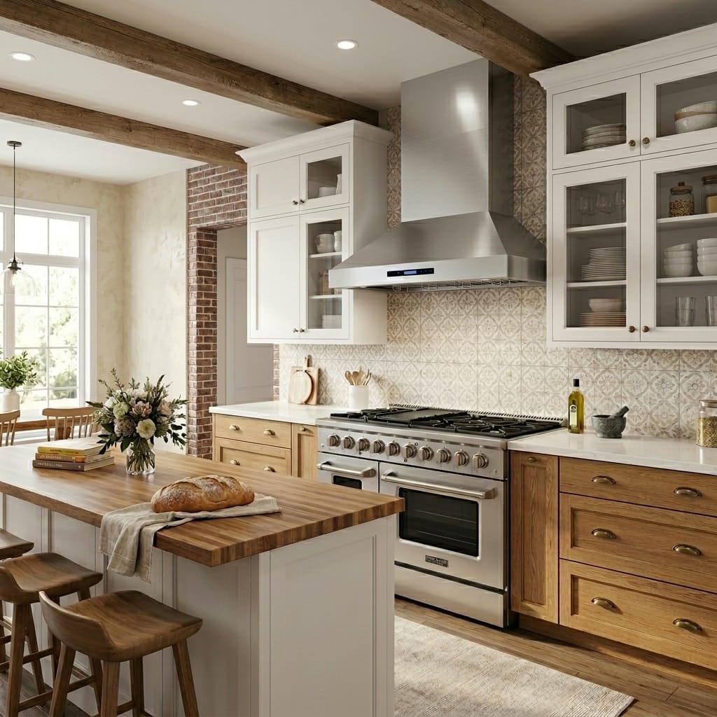 Bright kitchen with wood, white cabinets, island, Proline PLSR 48GE range, vase, ProlineRangeHoods.com.