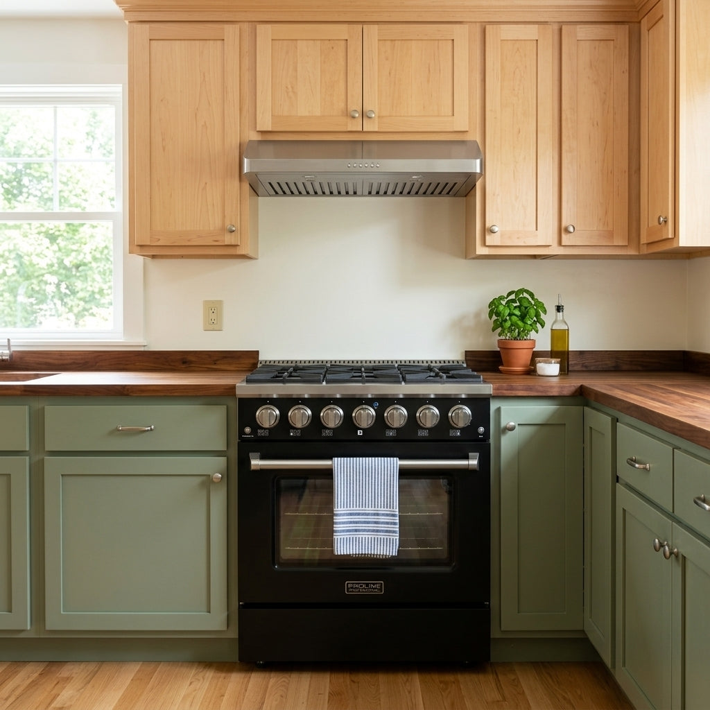 Modern kitchen with green cabinets, wood counters, Proline PLSR 36" matte black range, towel on handle. ProlineRangeHoods.com.