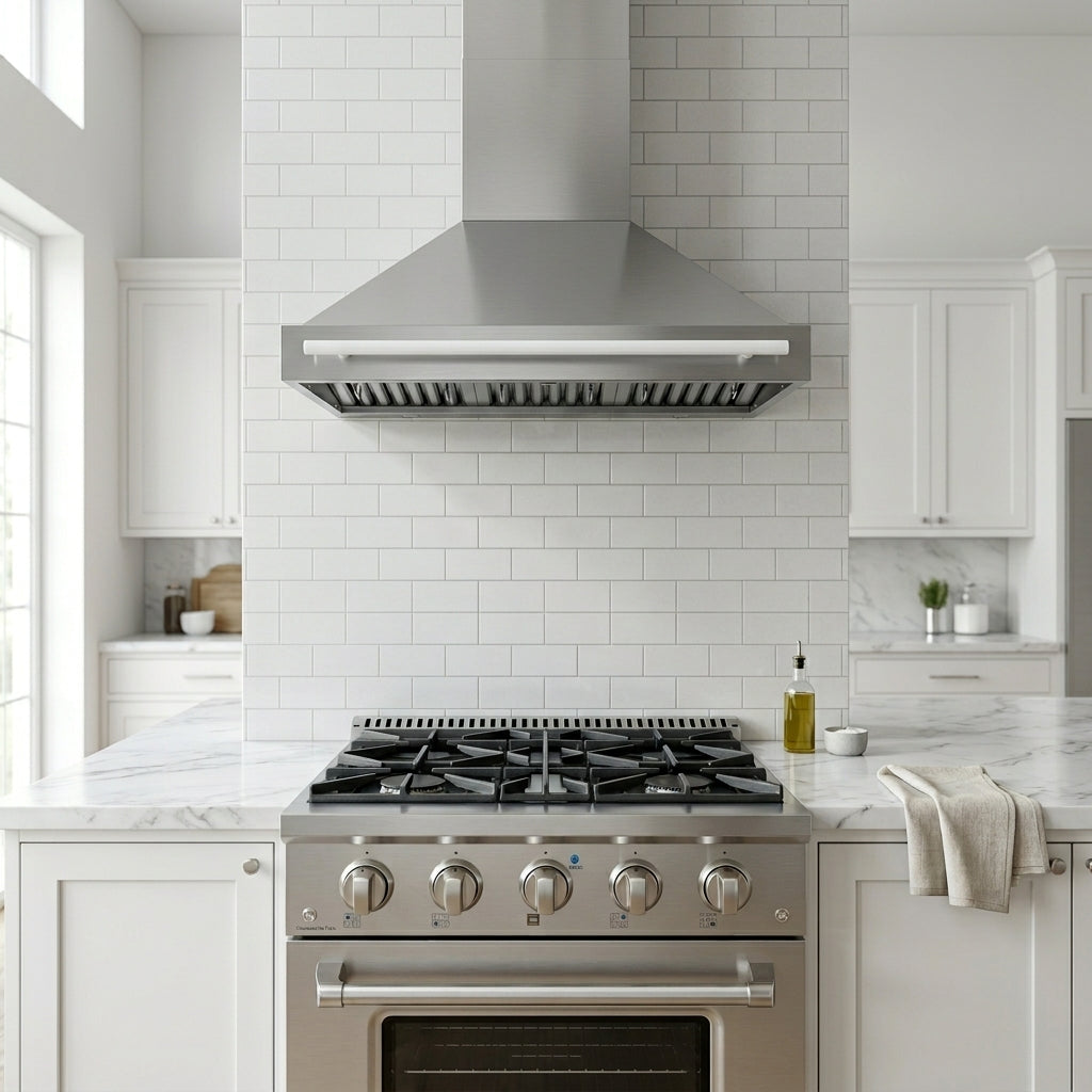 Modern kitchen with Proline PLSR 30GE range, vent hood, white cabinets, subway tile; ProlineRangeHoods.com.