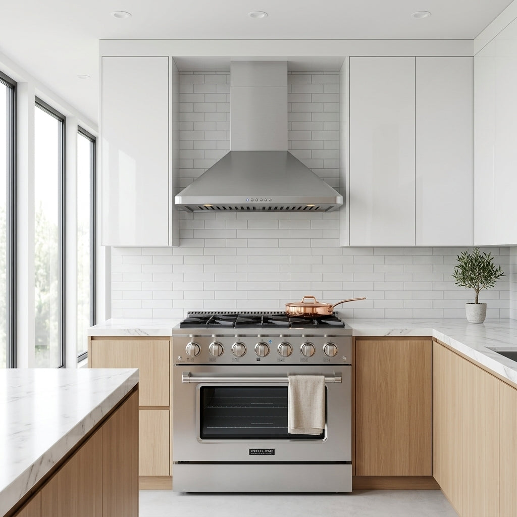 Modern kitchen with light wood cabinets, ProlineRangeHoods.com PLSR 36GG 6-burner range, and a small plant on counter.