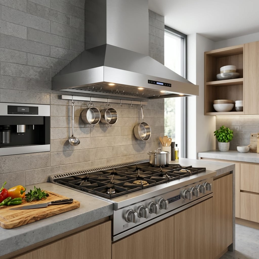 Modern kitchen with Proline PLST 36 in. Gas Rangetop, pots, wood cabinets, fresh herbs and veggies. ProlineRangeHoods.com.