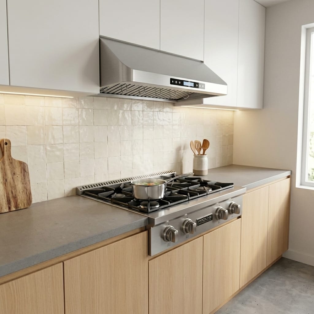Modern kitchen with Proline PLST 30 Gas Rangetop, wood cabinets, pot, white tile, sunlight. ProlineRangeHoods.com.