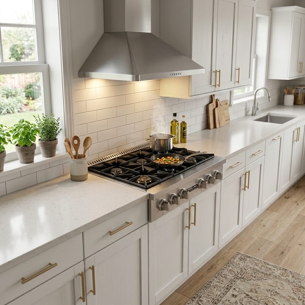 Modern white kitchen with gold handles, Proline PLST 36 in. Gas Rangetop, potted herbs, sunlight, ProlineRangeHoods.com.
