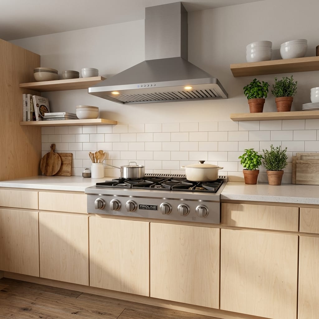 Modern kitchen with light wood cabinets, open shelves, Proline PLST 36" Gas Rangetop—Stainless Steel. ProlineRangeHoods.com.