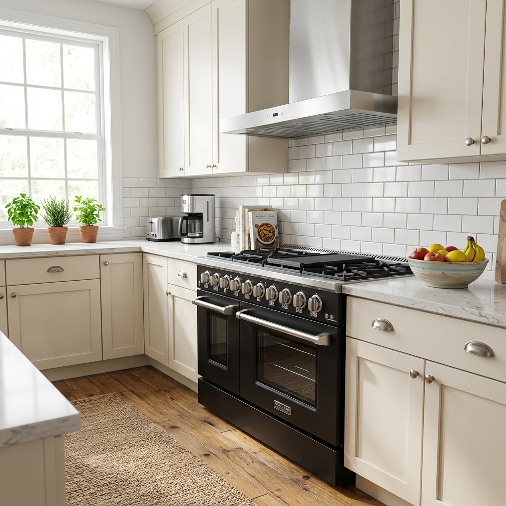 Bright kitchen with cream cabinets, marble counters, and Proline PLSR 48GG range from ProlineRangeHoods.com.