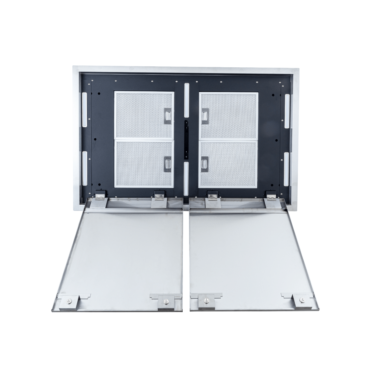 Proline PLFI 42" ceiling flush mount range hood, stainless finish, mesh filters, dual motors, 1200 CFM. ProlineRangeHoods.com.