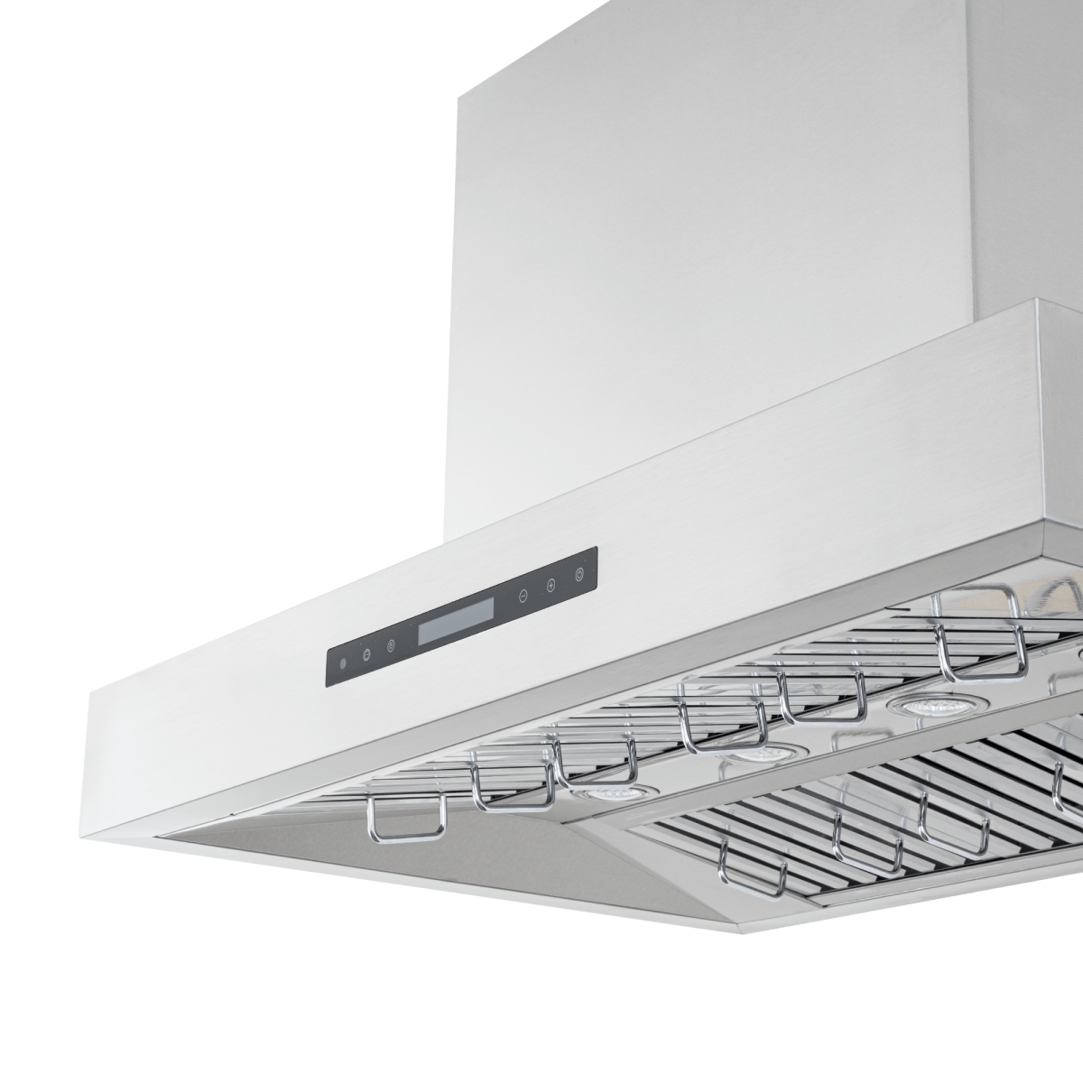 Proline PLFI 755 Island Range Hood with 1100 CFM dual motor and lights, shown angled from below. ProlineRangeHoods.com.