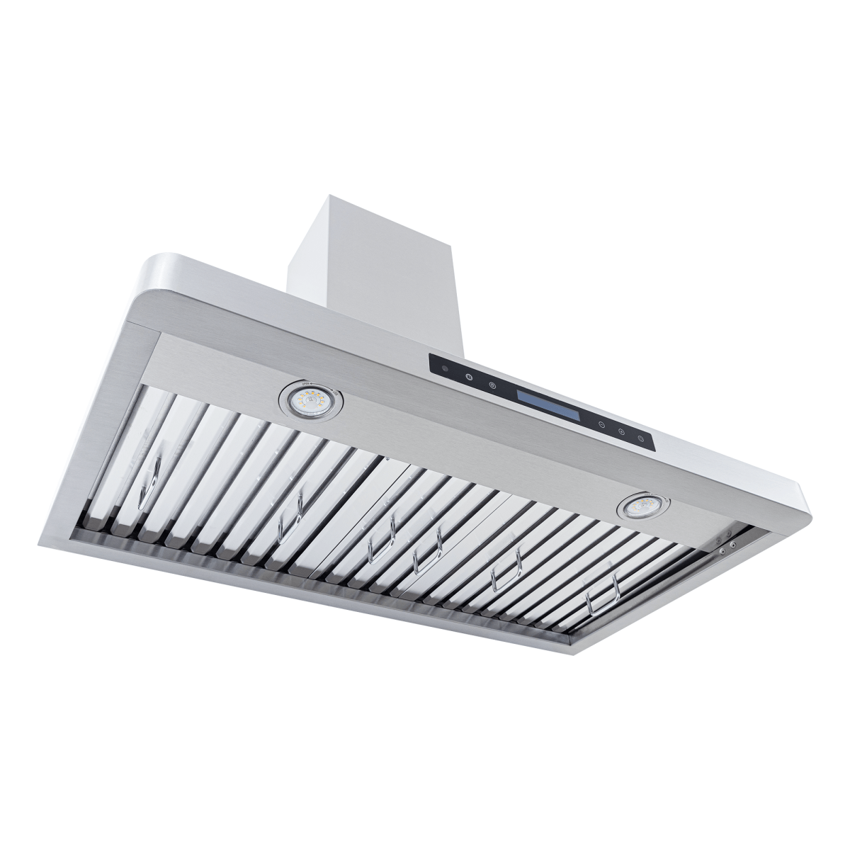 ProlineRangeHoods.com PLFW 129 E wall-mounted hood with stainless steel, 900 CFM, lights, controls; view from below.