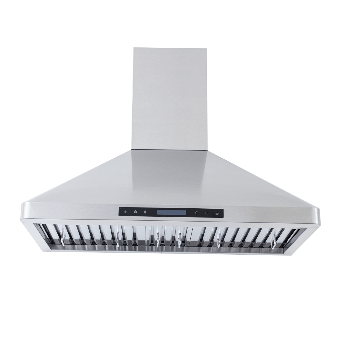 Stainless steel Proline PLFW 129 E range hood with front panel, 900 CFM, on white. ProlineRangeHoods.com.