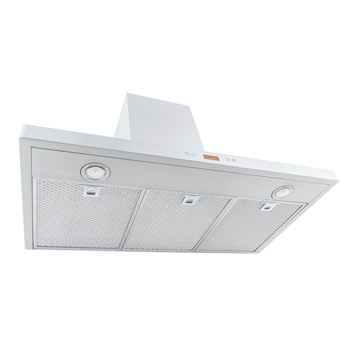 Proline PLFW 520 range hood in matte black, mesh filters, lights, 600/1200 CFM; from below. ProlineRangeHoods.com.