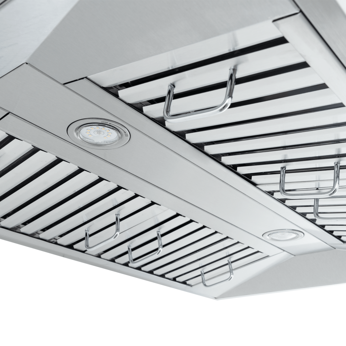 Proline PLFW 755 ducted stainless wall range hood with lights, metal grates, dual motors. ProlineRangeHoods.com.