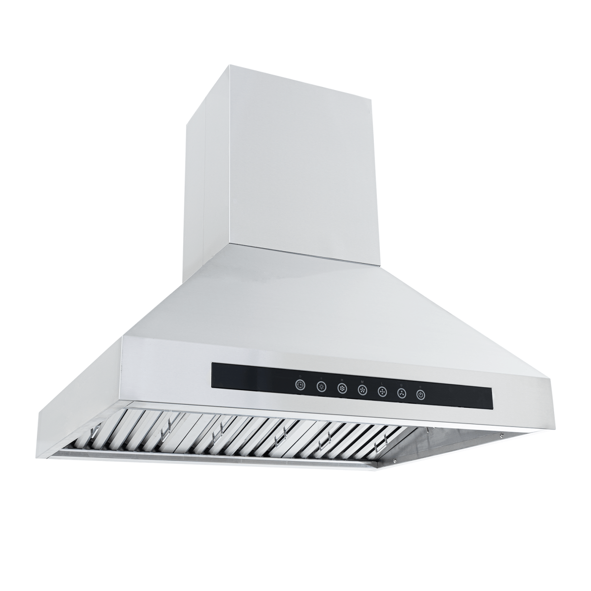 ProlineRangeHoods.com PLJI 102 Island Range Hood: 1200 CFM, stainless steel, digital panel, filter—under-hood view.