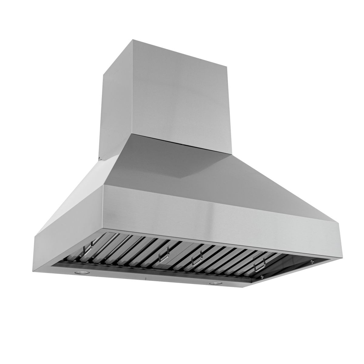 PLJW 104 wall-mounted hood by ProlineRangeHoods.com: stainless, 1200 CFM dual blower, chimney ext., filters, white bg.