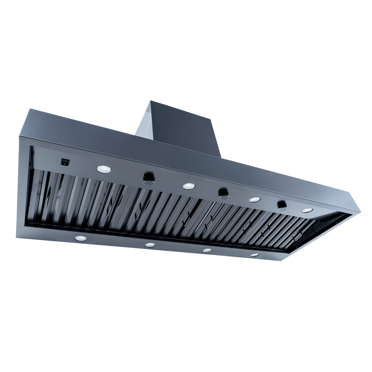 Proline PLJW 104 range hood with dual blowers, stainless steel finish, 1200 CFM power; ProlineRangeHoods.com shown.
