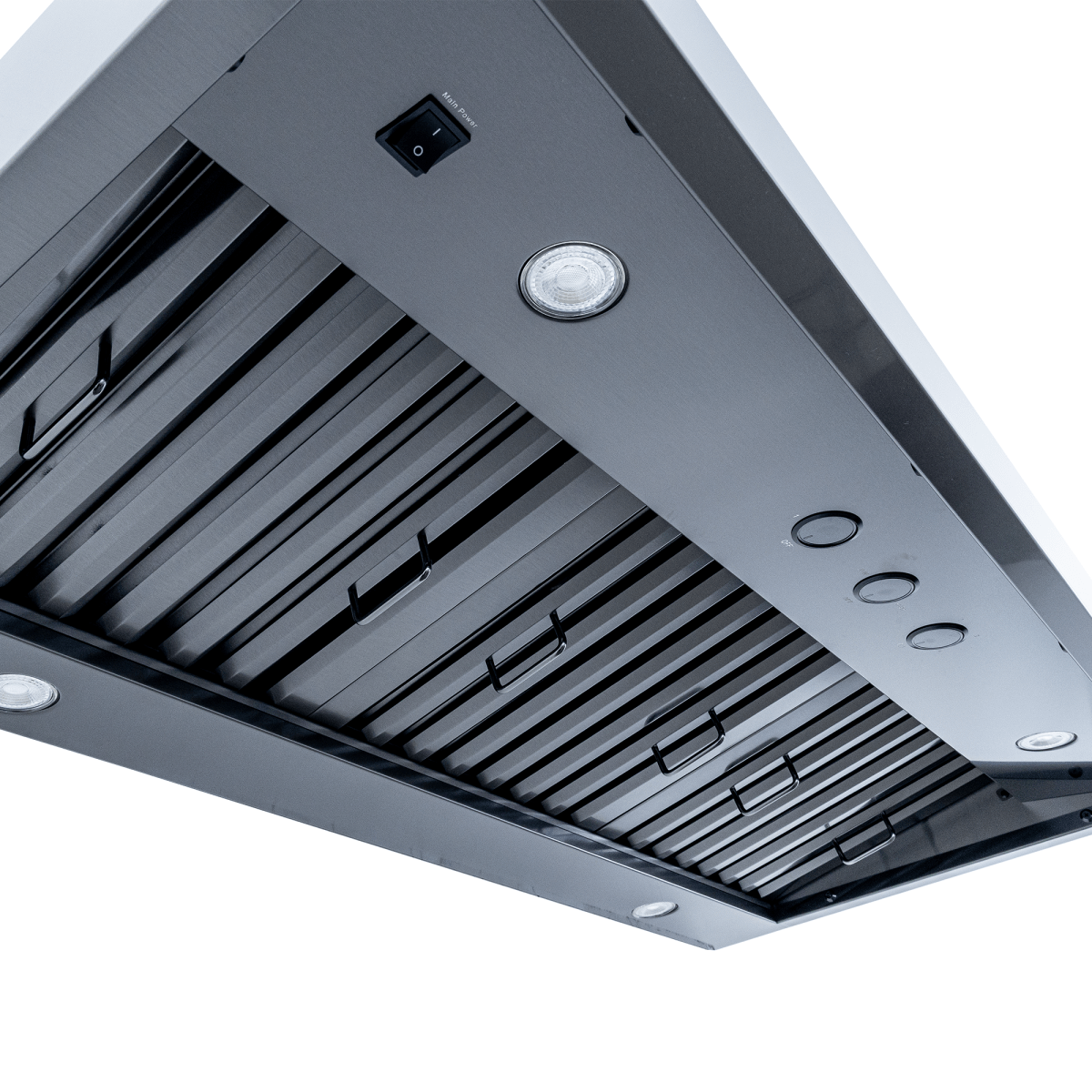 Proline PLJW 104 wall-mounted range hood in stainless, dual 1200 CFM blowers, lights, filters. ProlineRangeHoods.com.