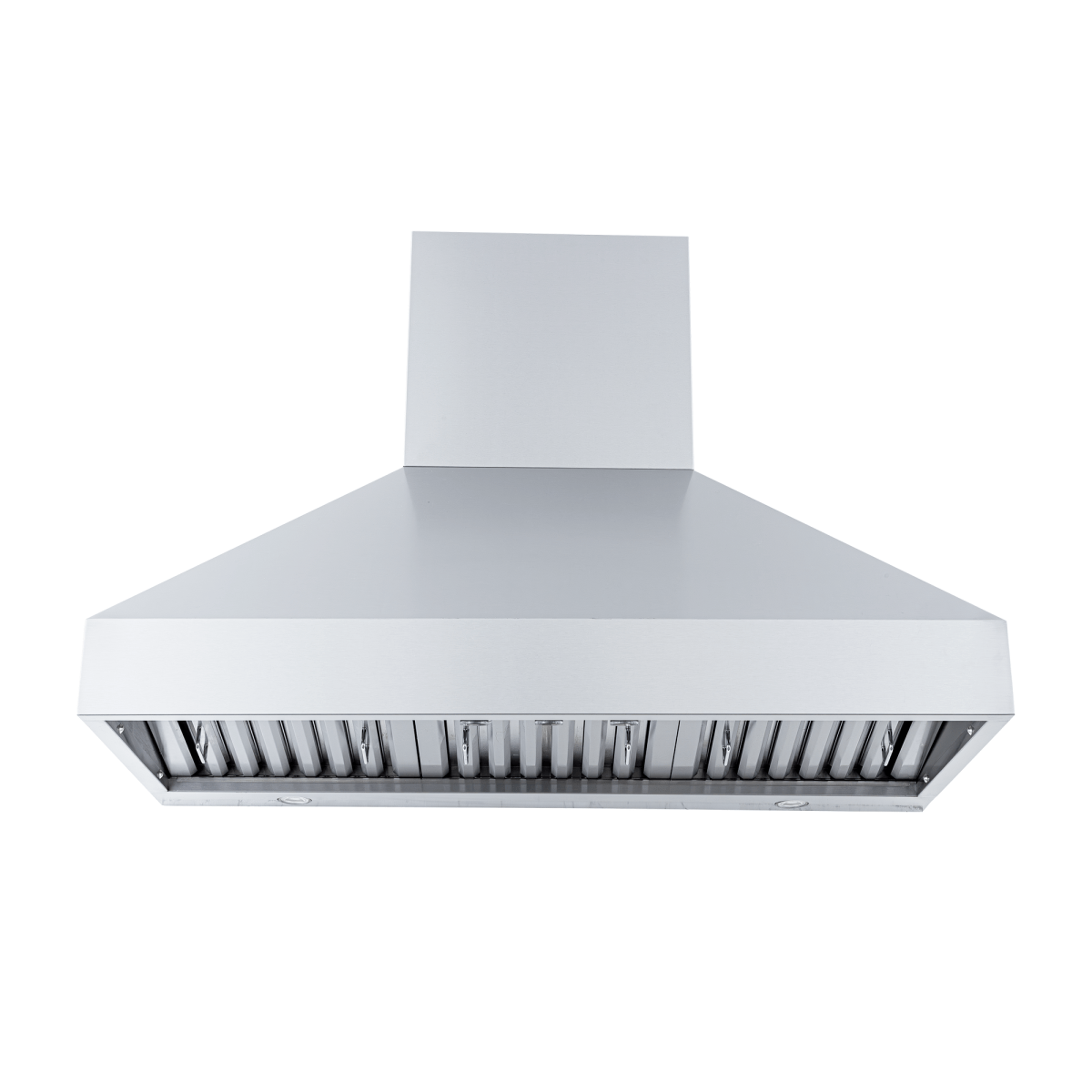 Front view of Proline PLJW 104 range hood with stainless steel finish, 1200 CFM blower, filters. ProlineRangeHoods.com.