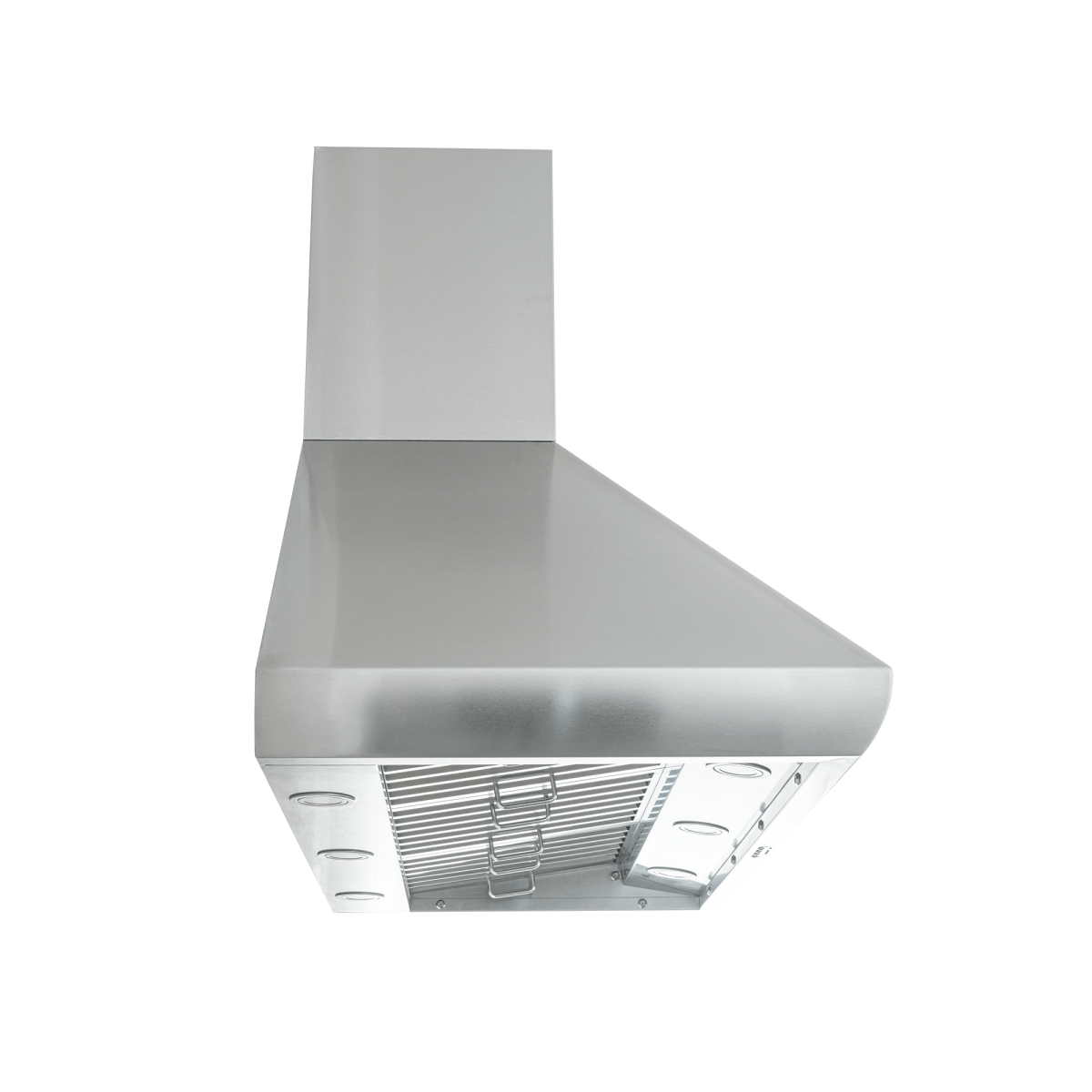 Proline PLJW 109 WC stainless wall range hood, 1200 CFM, lights, outdoor rated. Shown from below. ProlineRangeHoods.com.