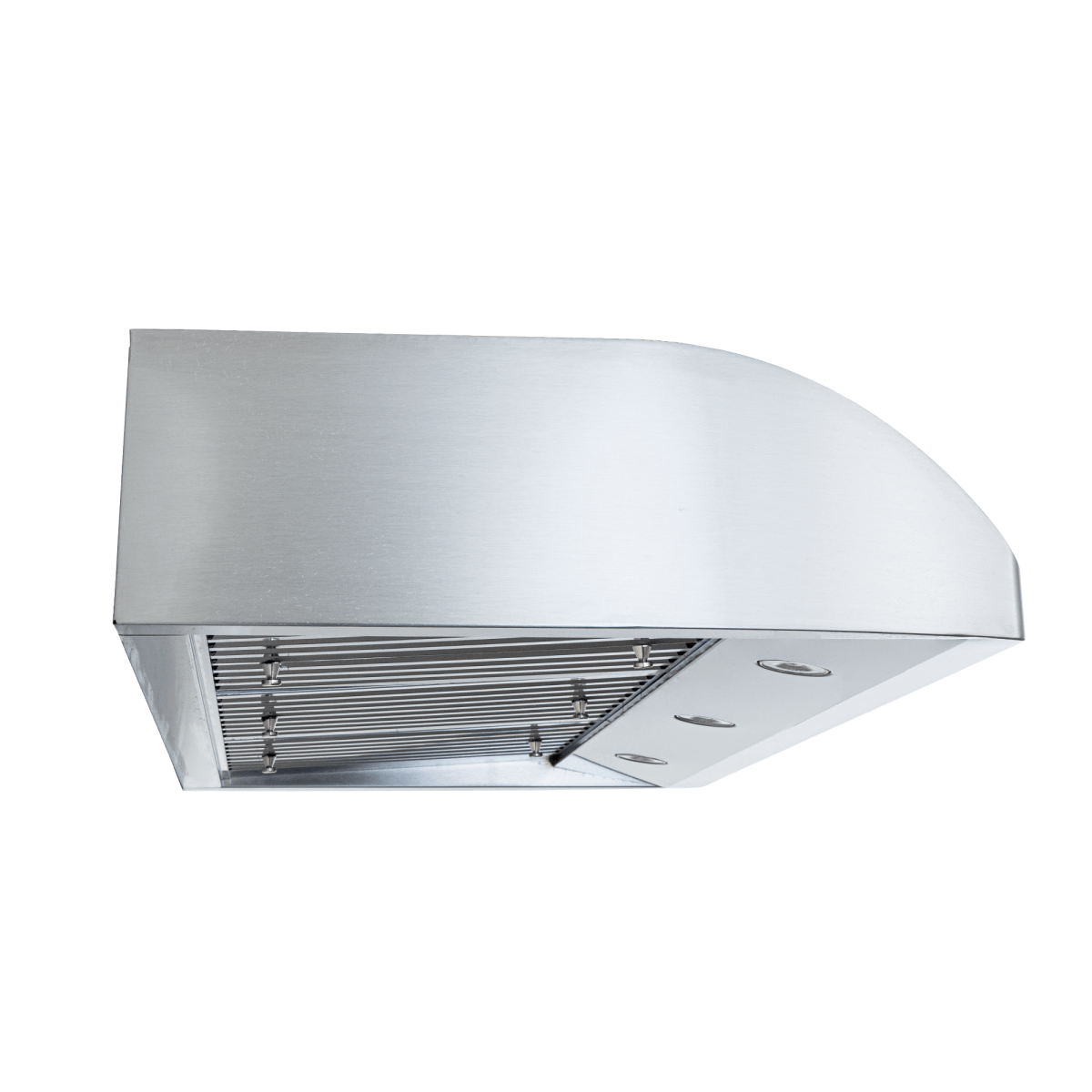 Proline PLJW 117 Range Hood, stainless steel, 900 CFM, baffle filters—shown below at angle. ProlineRangeHoods.com.