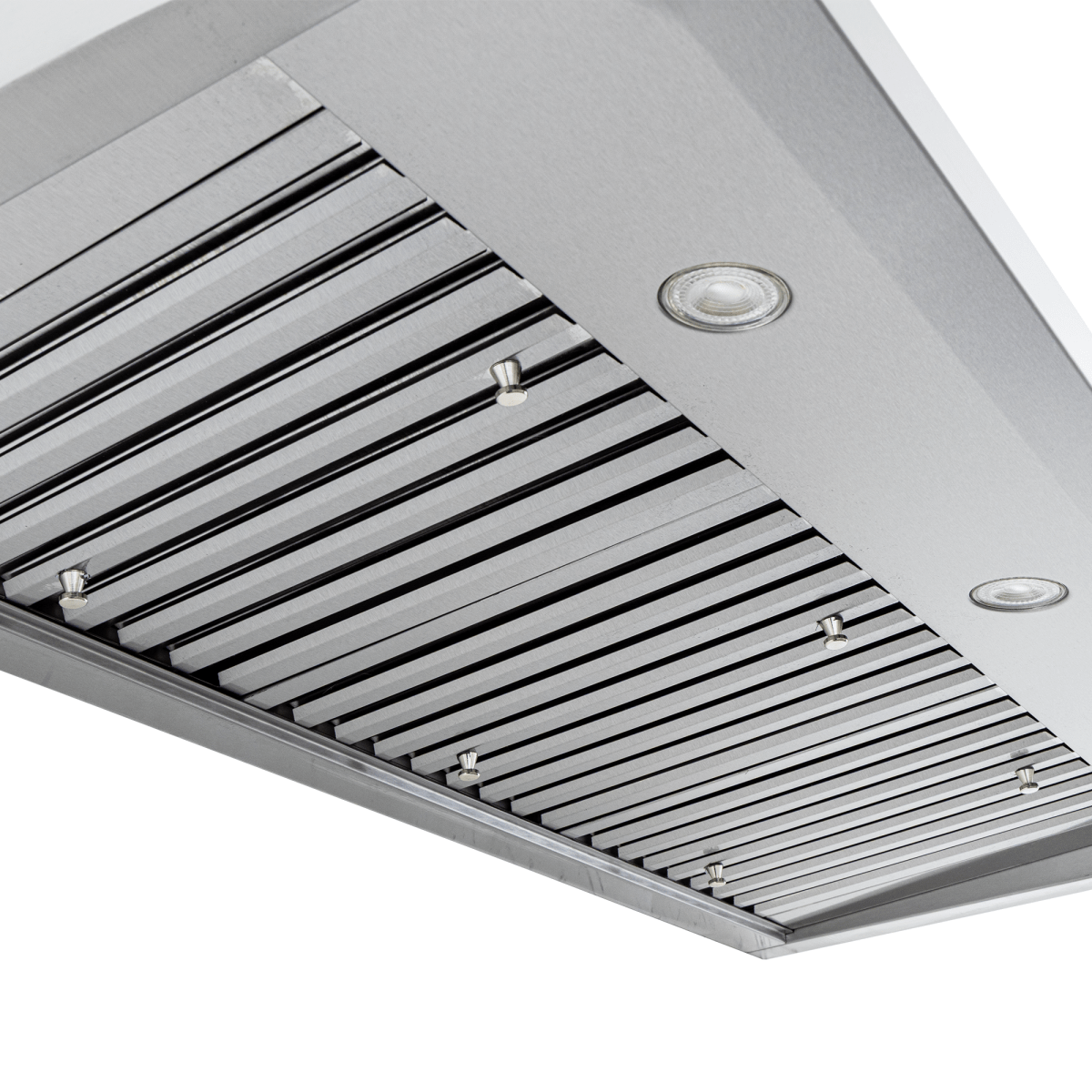 Close-up of Proline PLJW 117 under-cabinet range hood with lights, baffle filters, 900 CFM airflow. ProlineRangeHoods.com.