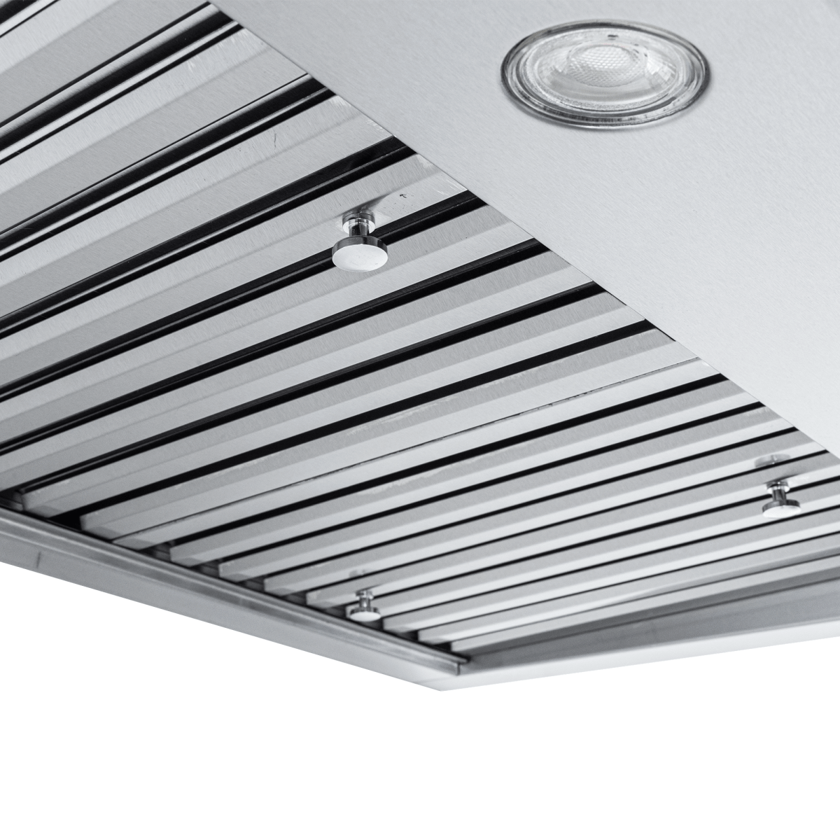 Modern ceiling with black beams, round recessed light, and Proline PLJW 117 Range Hood. ProlineRangeHoods.com.