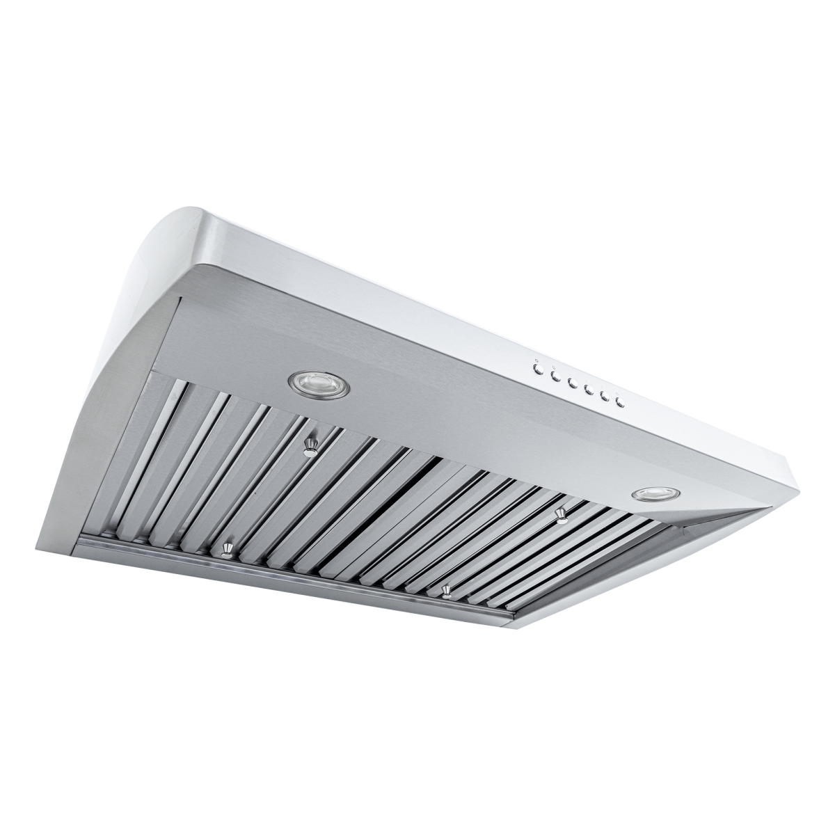 The PLJW 125 under-cabinet hood from ProlineRangeHoods.com: low-profile, steel, vent slats, lights, 900 CFM—bottom view.