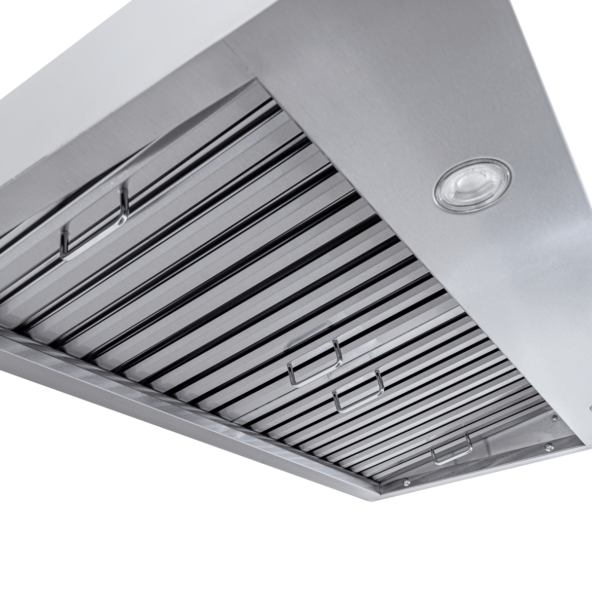 Close-up of PLJW 130 stainless wall range hood with vent slats, built-in light, 900/1200 CFM—ProlineRangeHoods.com.