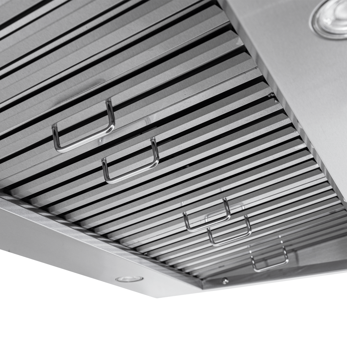 Close-up of Proline PLJW 130 stainless steel range hood with baffle filters, lights, 900/1200 CFM. ProlineRangeHoods.com.