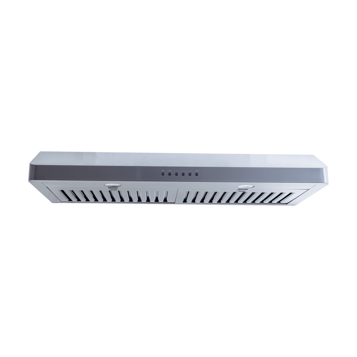ProlineRangeHoods.com PLJW 185 slim under-cabinet 600 CFM stainless steel range hood shown from below on white.