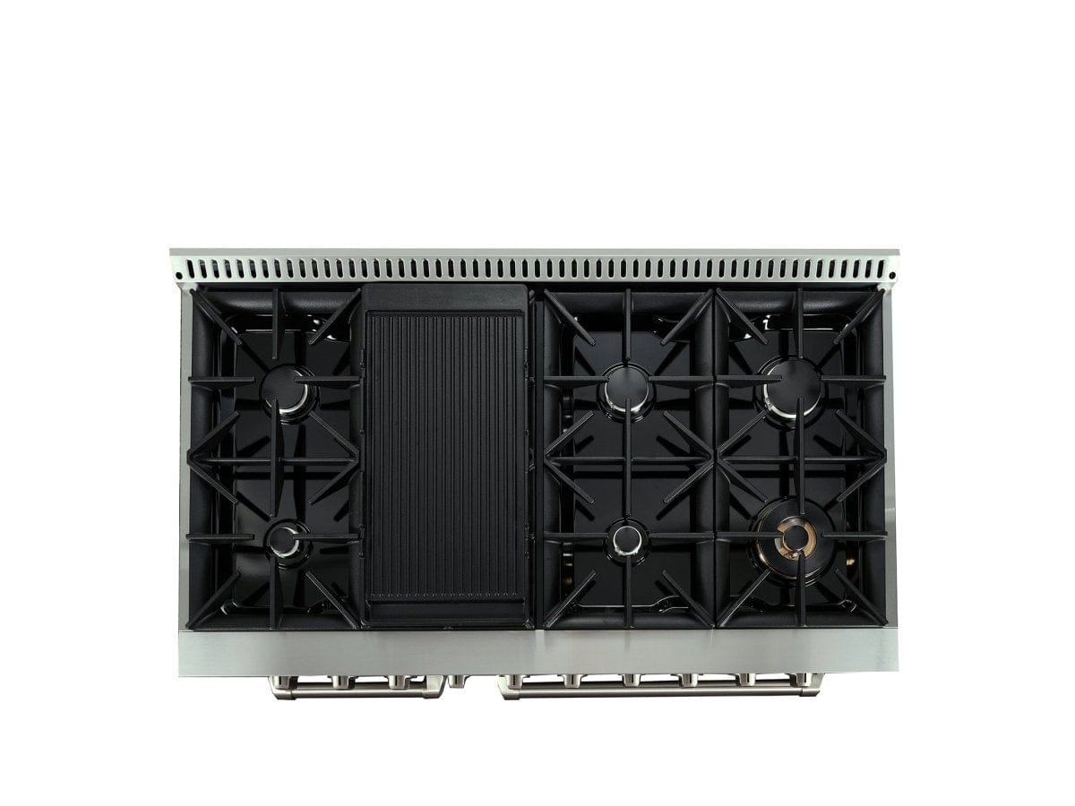 Top view of Proline PLSR 36GG gas range with 6 burners, central griddle, oven in stainless steel. ProlineRangeHoods.com.